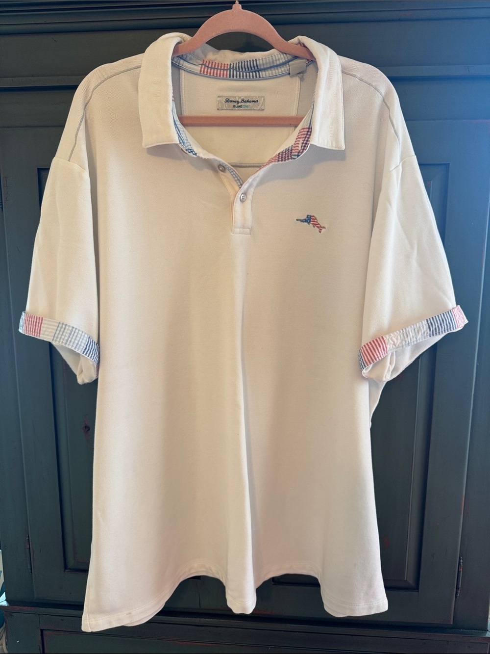 Tommy Bahama Off-White Short-Sleeve Polo with Red & Blue Trim